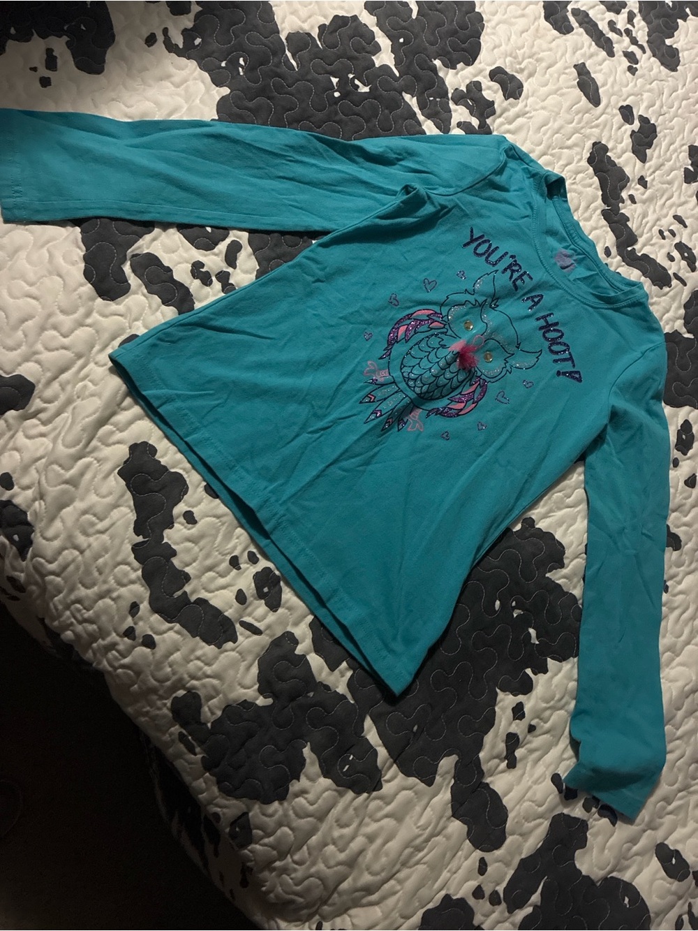 Faded Glory Teal Long-Sleeve Owl Graphic Tee